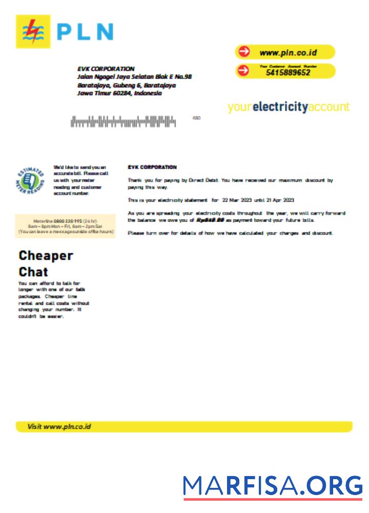 Realistic PLN electricity utility business bill, SCR sample
